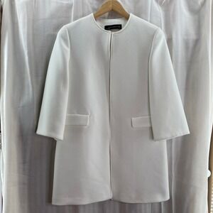 ZARA WOMAN White Collarless Open Front 3/4 Sleeve Jacket Coat